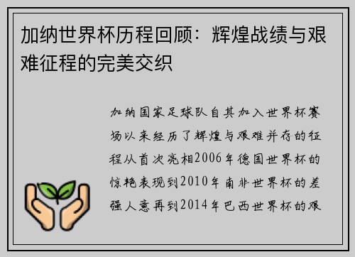 加纳世界杯历程回顾：辉煌战绩与艰难征程的完美交织